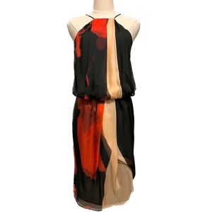 Robert Rodriguez Silk Yellow-Red-Black Abstract Print Halter Dress, Size 6